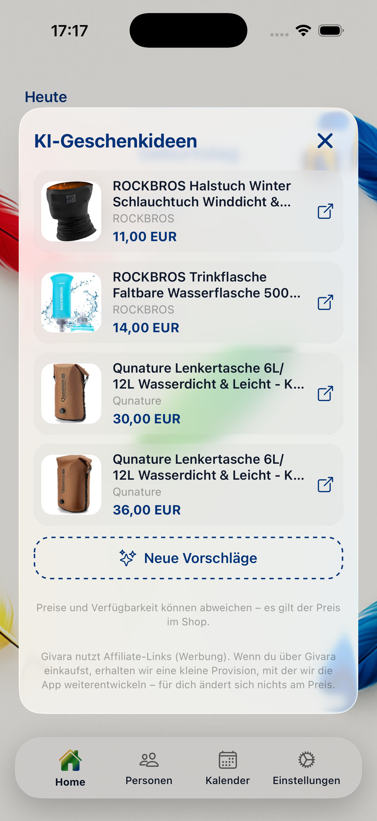 Vier Geschenkvorschläge in Givara, jeder mit Produktbild, Marke und Preis